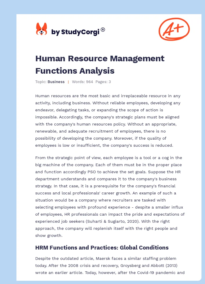 Human Resource Management Functions Analysis. Page 1