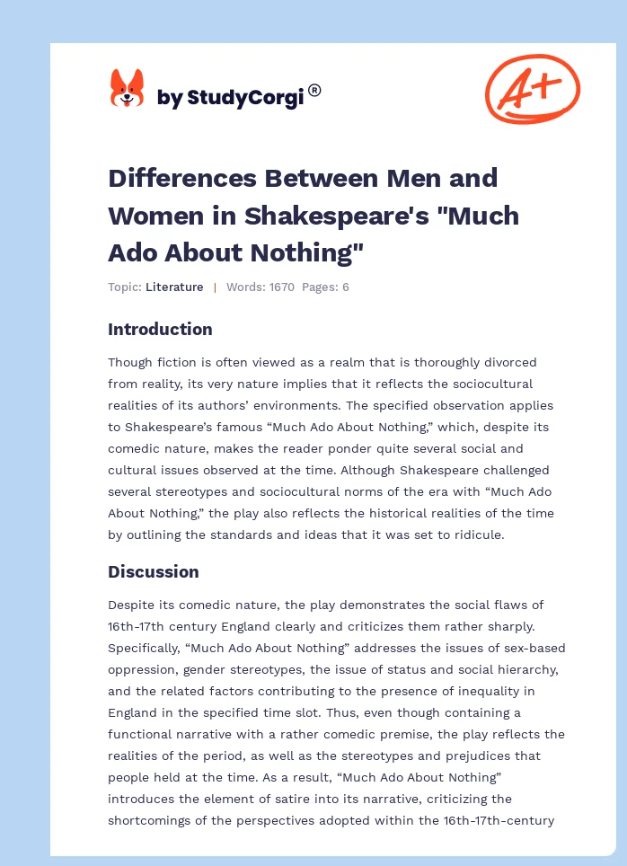 Differences Between Men and Women in Shakespeare's "Much Ado About Nothing". Page 1