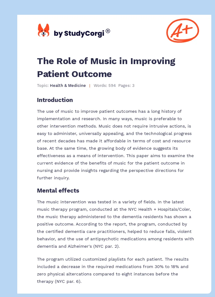 The Role of Music in Improving Patient Outcome. Page 1