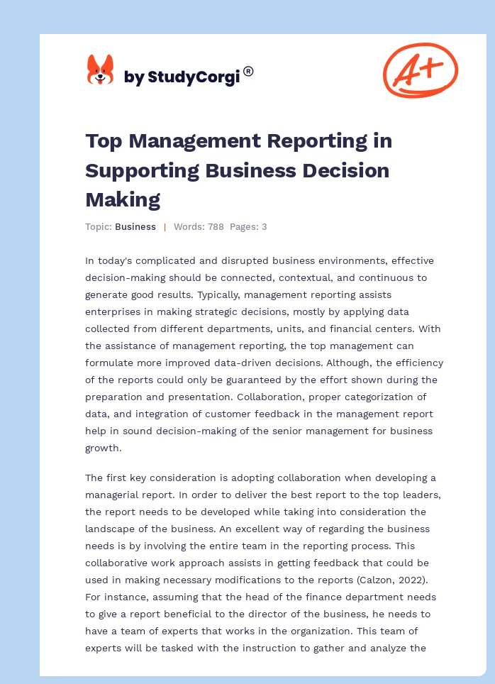 Top Management Reporting in Supporting Business Decision Making. Page 1