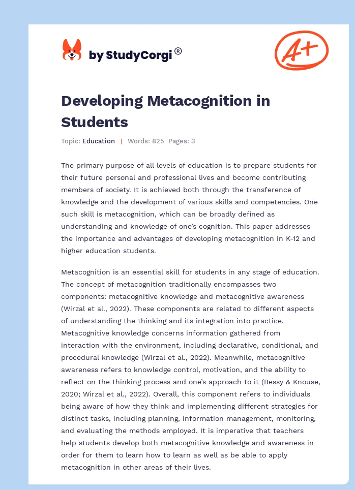 Developing Metacognition in Students. Page 1