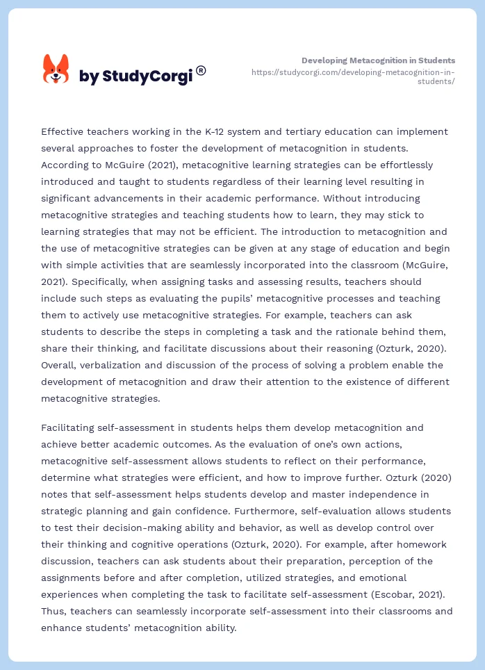 Developing Metacognition in Students. Page 2