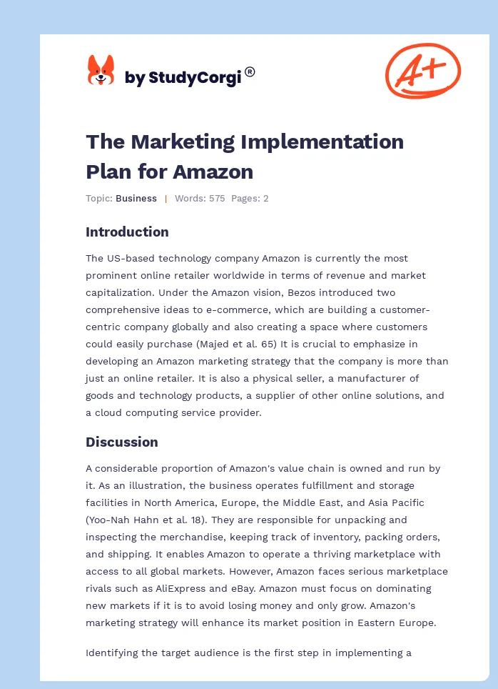 The Marketing Implementation Plan for Amazon. Page 1
