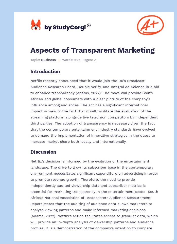 Aspects of Transparent Marketing. Page 1