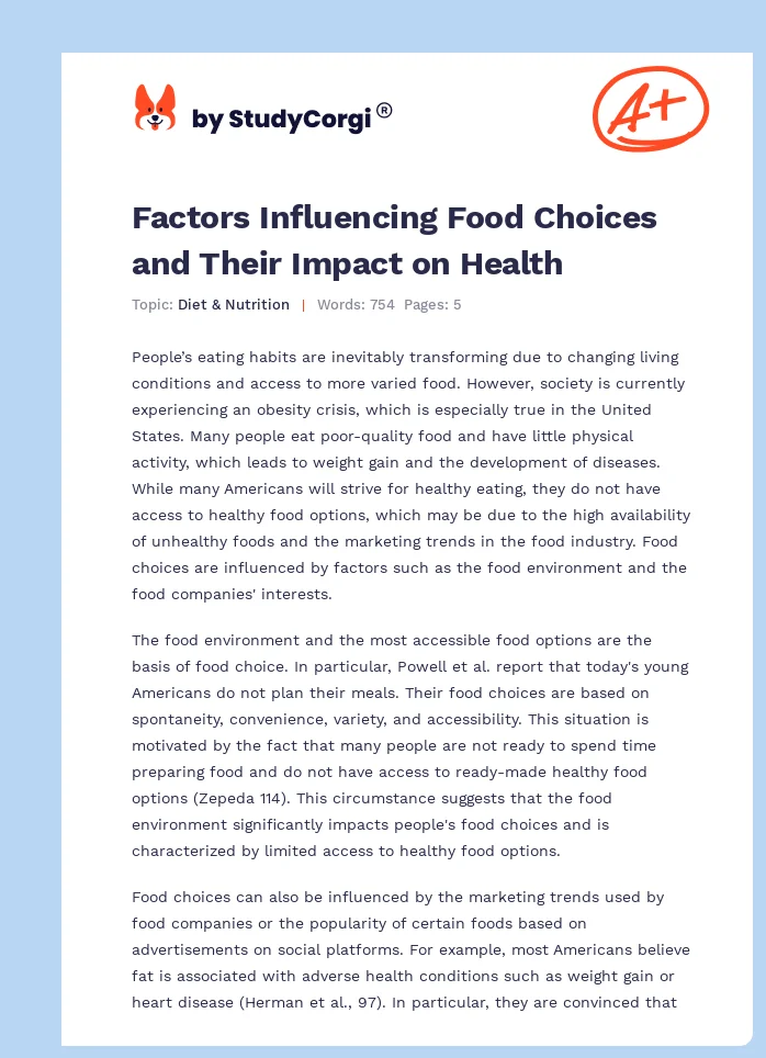 Factors Influencing Food Choices and Their Impact on Health. Page 1
