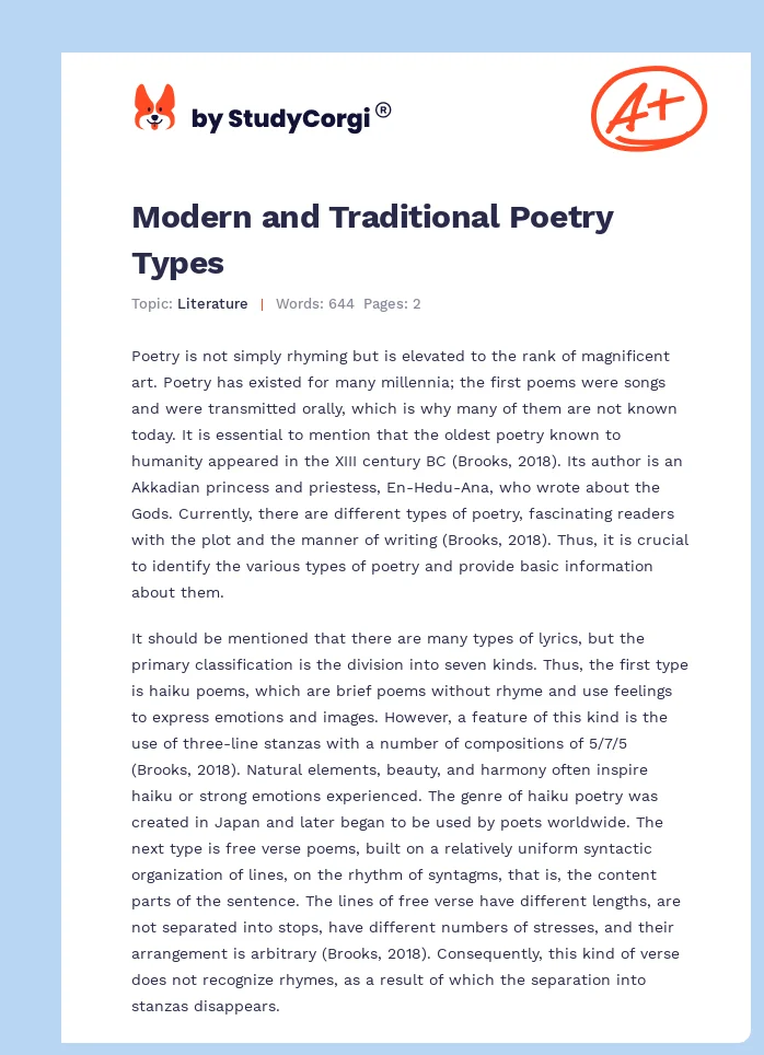 Modern and Traditional Poetry Types. Page 1
