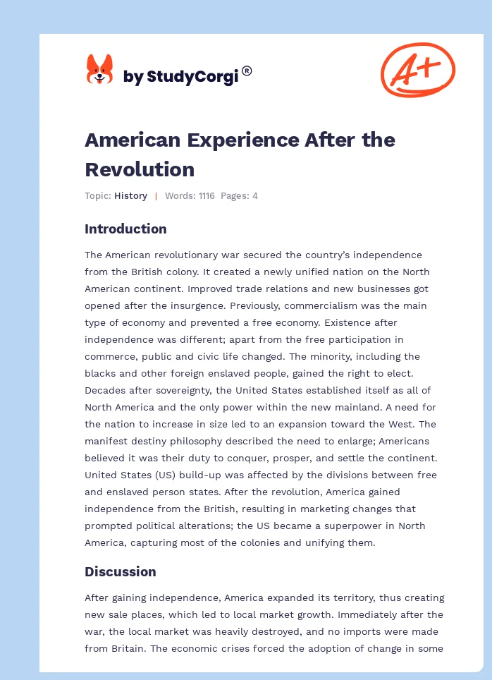 American Experience After The Revolution Free Essay Example