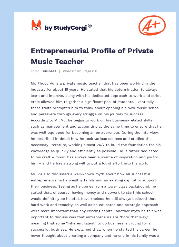 Entrepreneurial Profile of Private Music Teacher. Page 1
