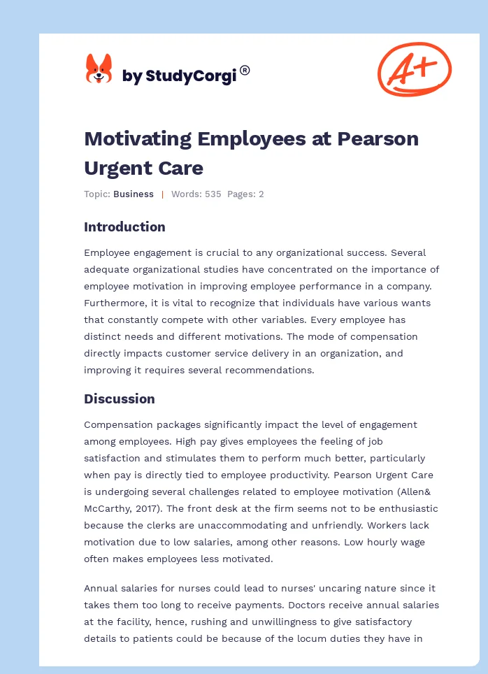 Motivating Employees at Pearson Urgent Care. Page 1