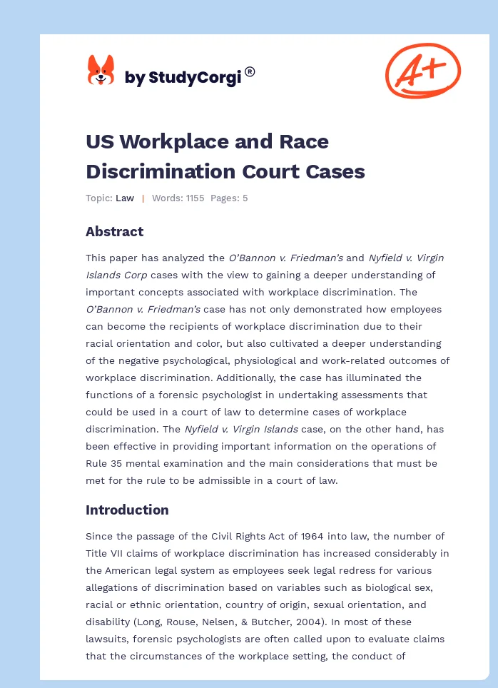 US Workplace and Race Discrimination Court Cases. Page 1