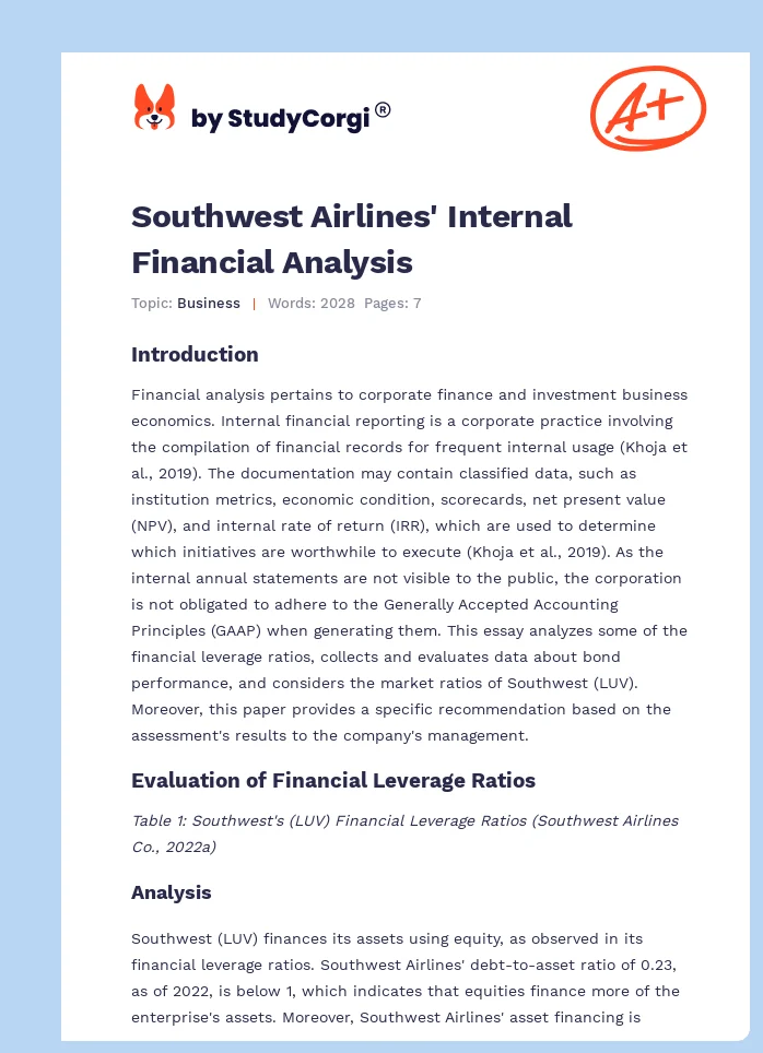 Southwest Airlines' Internal Financial Analysis. Page 1