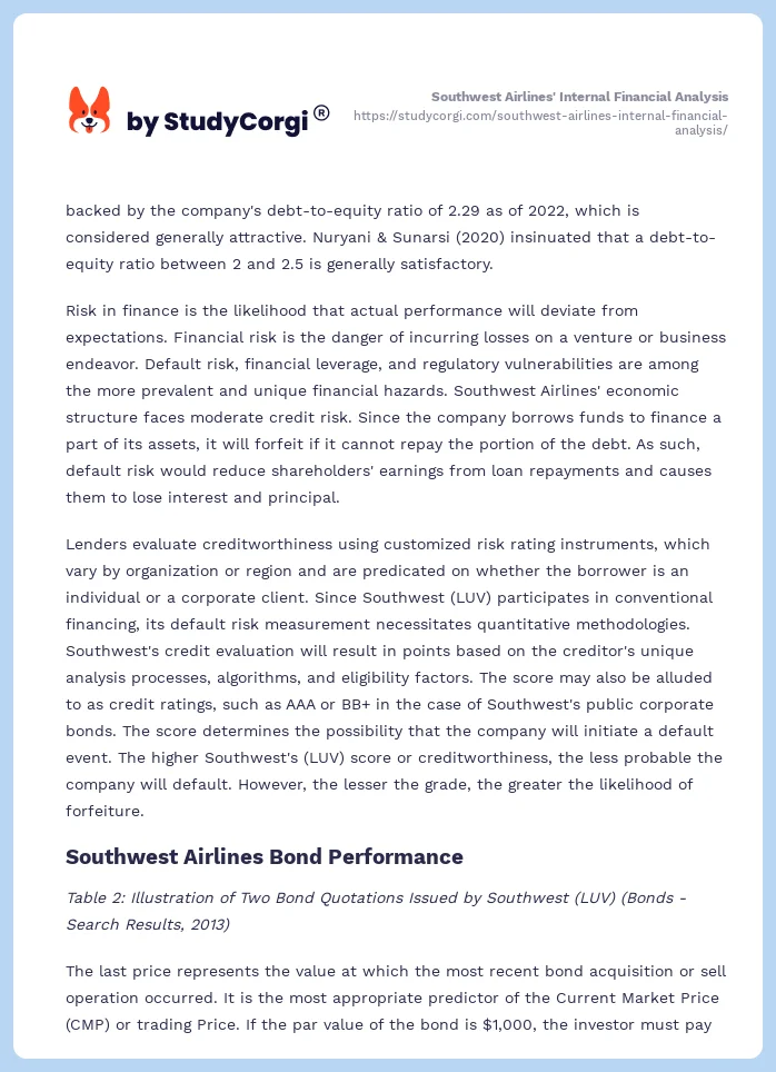 Southwest Airlines' Internal Financial Analysis. Page 2