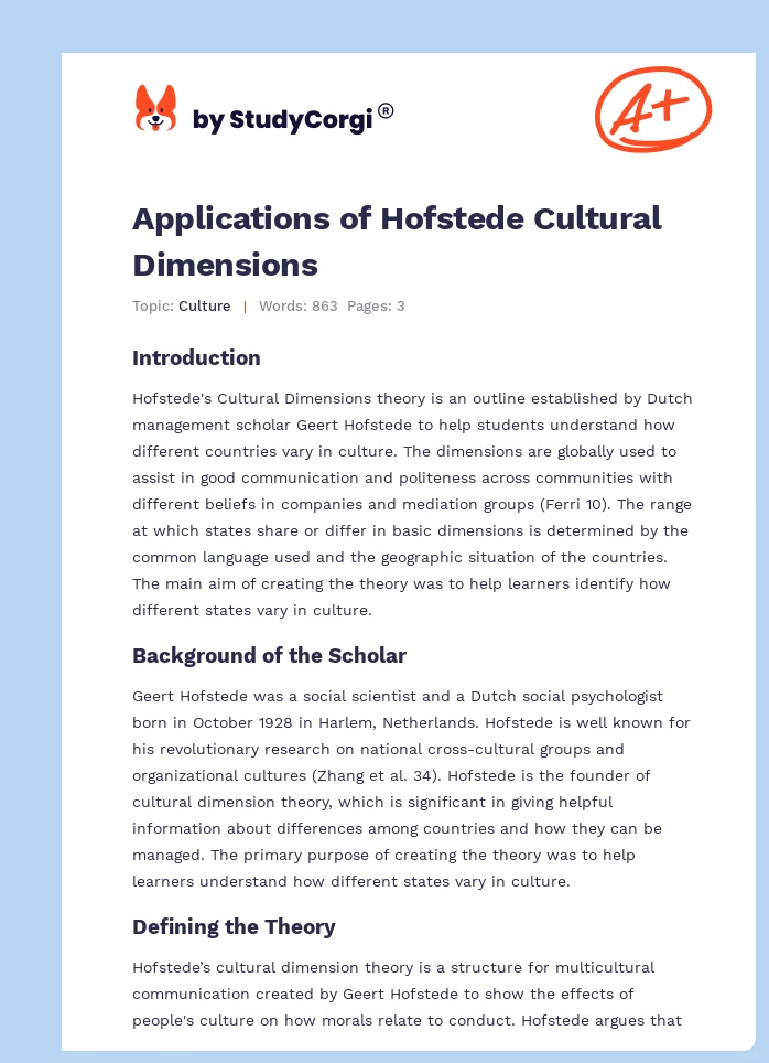 Hofstede’s Cultural Dimensions Theory. Page 1