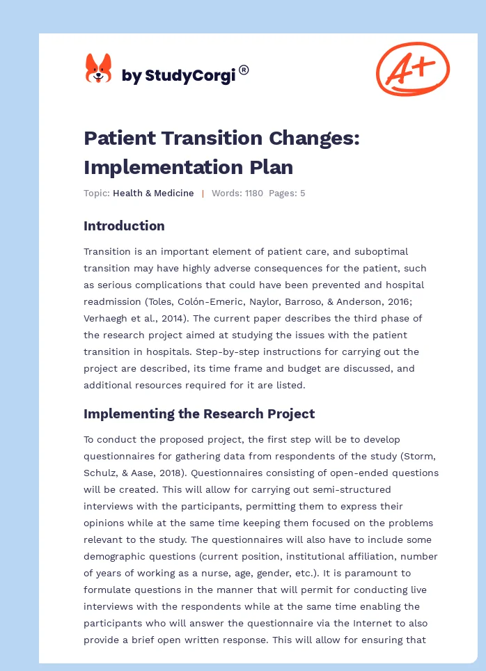 Patient Transition Changes: Implementation Plan. Page 1