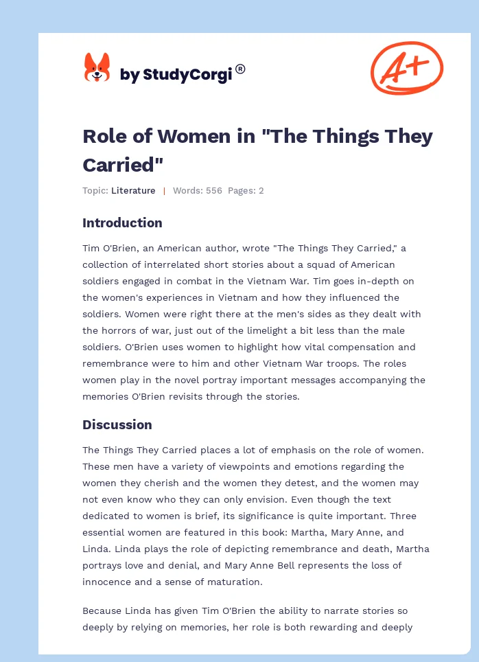 Role of Women in "The Things They Carried". Page 1