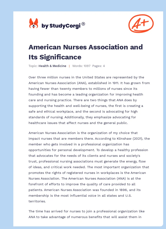 American Nurses Association and Its Significance. Page 1