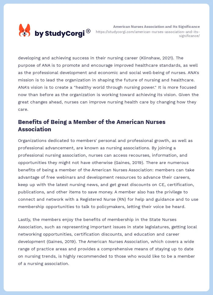 American Nurses Association and Its Significance. Page 2