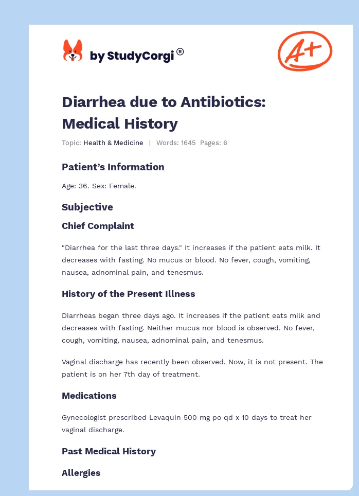 Diarrhea due to Antibiotics: Medical History. Page 1