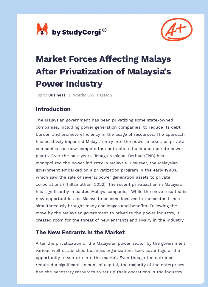 Market Forces Affecting Malays After Privatization of Malaysia's Power Industry. Page 1