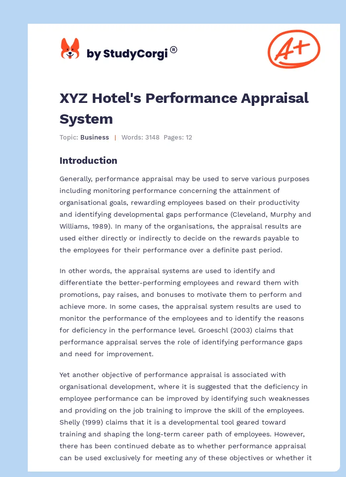 XYZ Hotel's Performance Appraisal System. Page 1