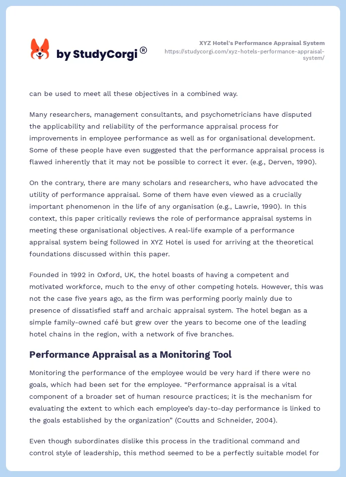 XYZ Hotel's Performance Appraisal System. Page 2