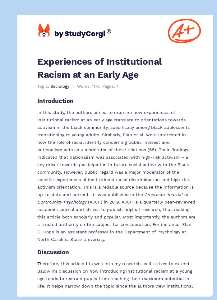 Experiences of Institutional Racism at an Early Age. Page 1