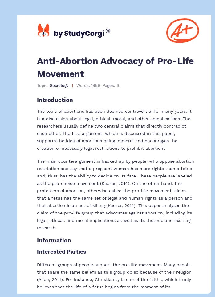 Anti-Abortion Advocacy of Pro-Life Movement. Page 1
