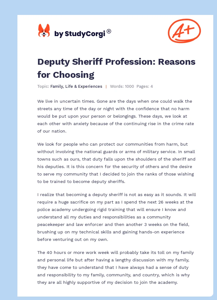Deputy Sheriff Profession: Reasons for Choosing. Page 1