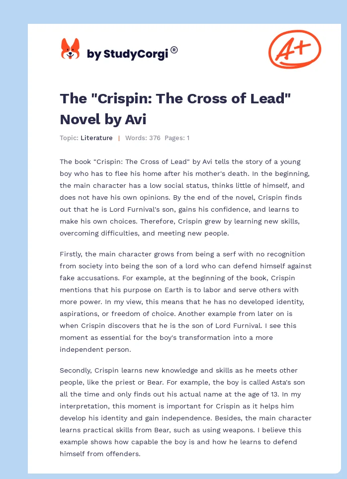 The "Crispin: The Cross of Lead" Novel by Avi. Page 1