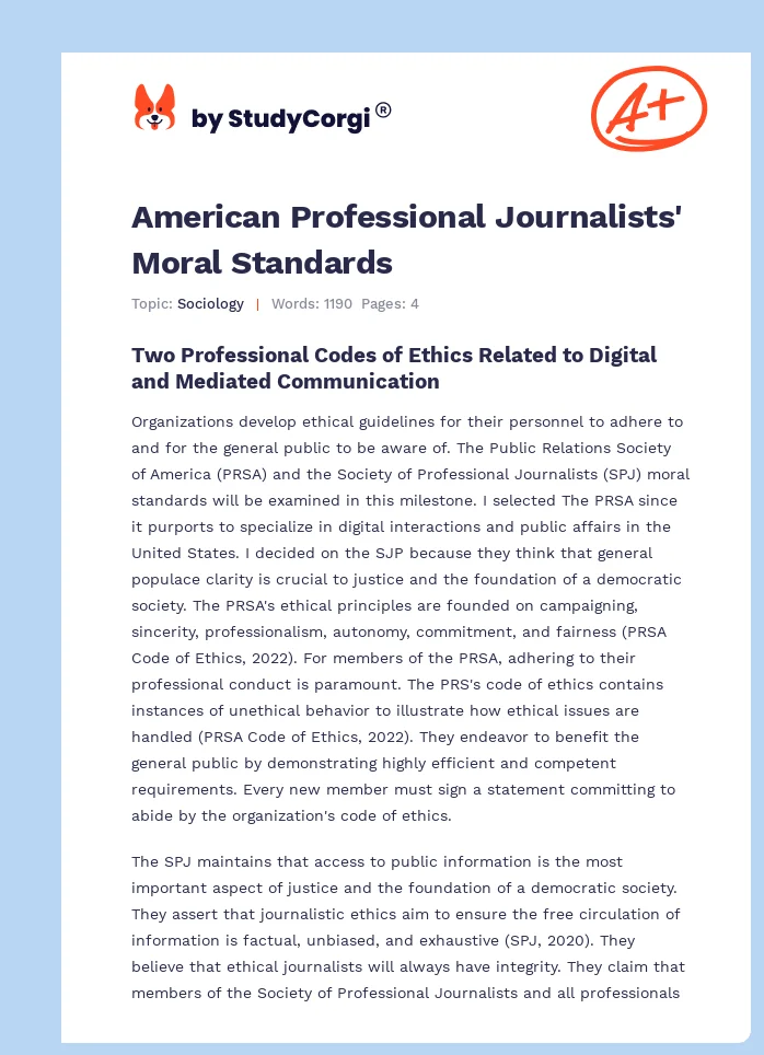 American Professional Journalists' Moral Standards. Page 1