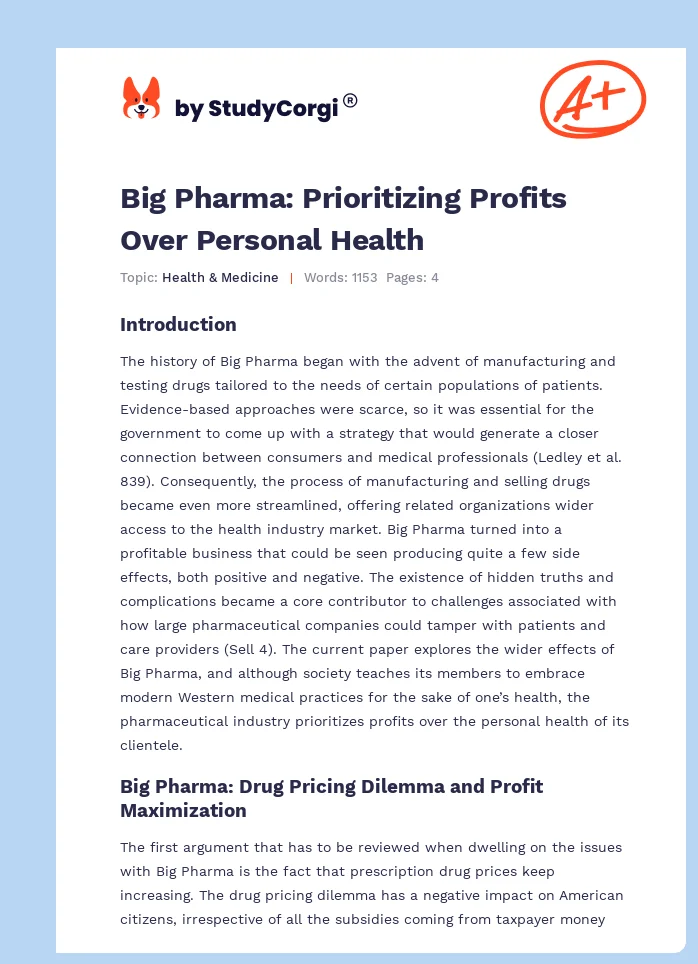 Big Pharma: Prioritizing Profits Over Personal Health. Page 1