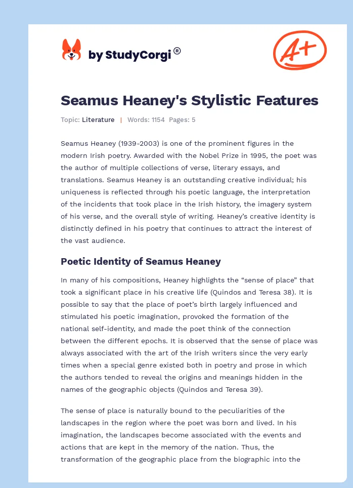 Seamus Heaney's Stylistic Features. Page 1