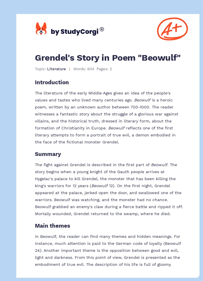 Grendel's Story in Poem "Beowulf". Page 1