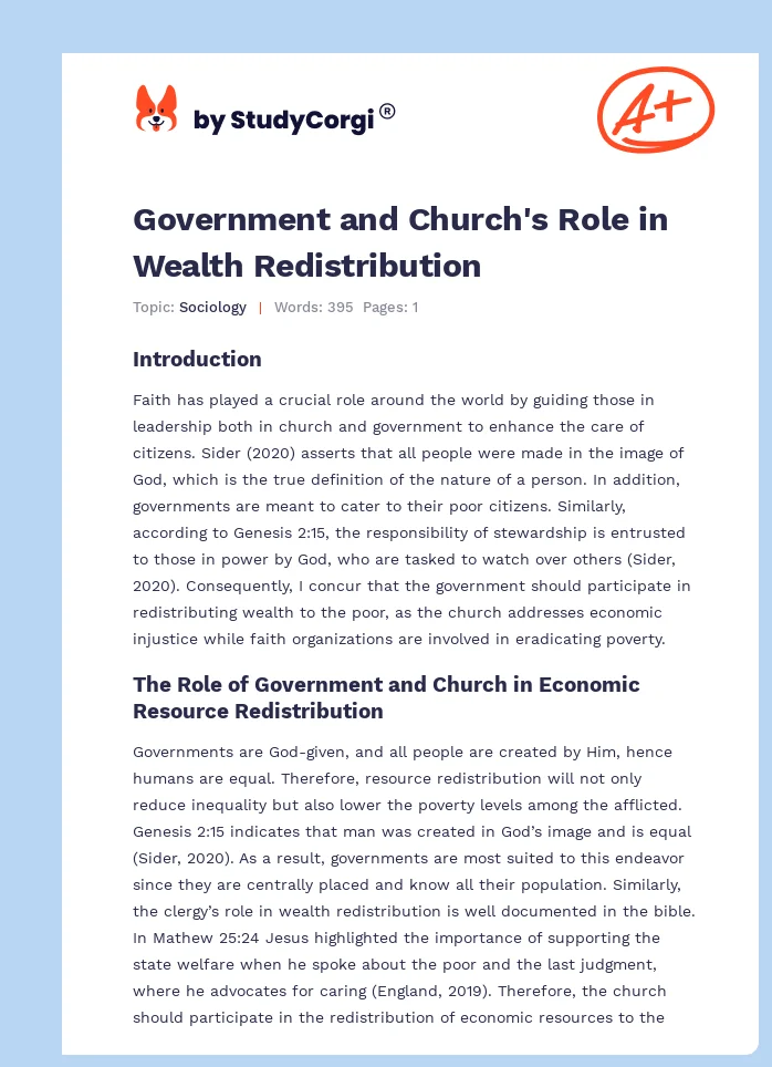 Government and Church's Role in Wealth Redistribution. Page 1