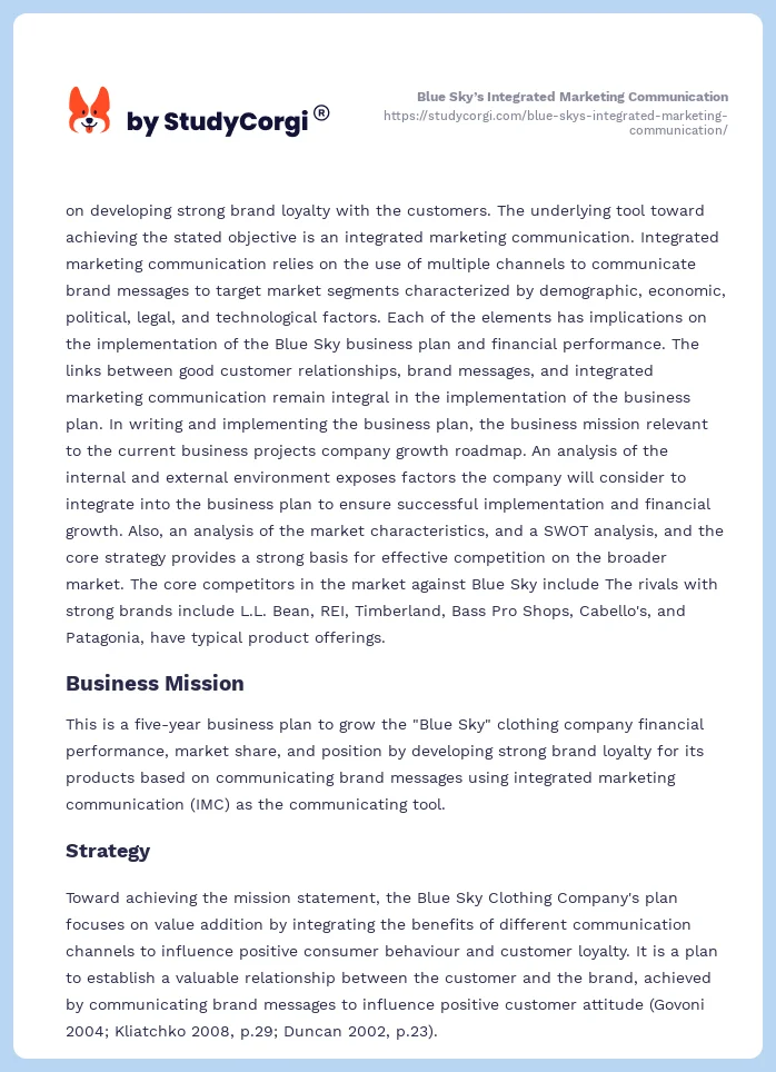 Blue Sky’s Integrated Marketing Communication. Page 2