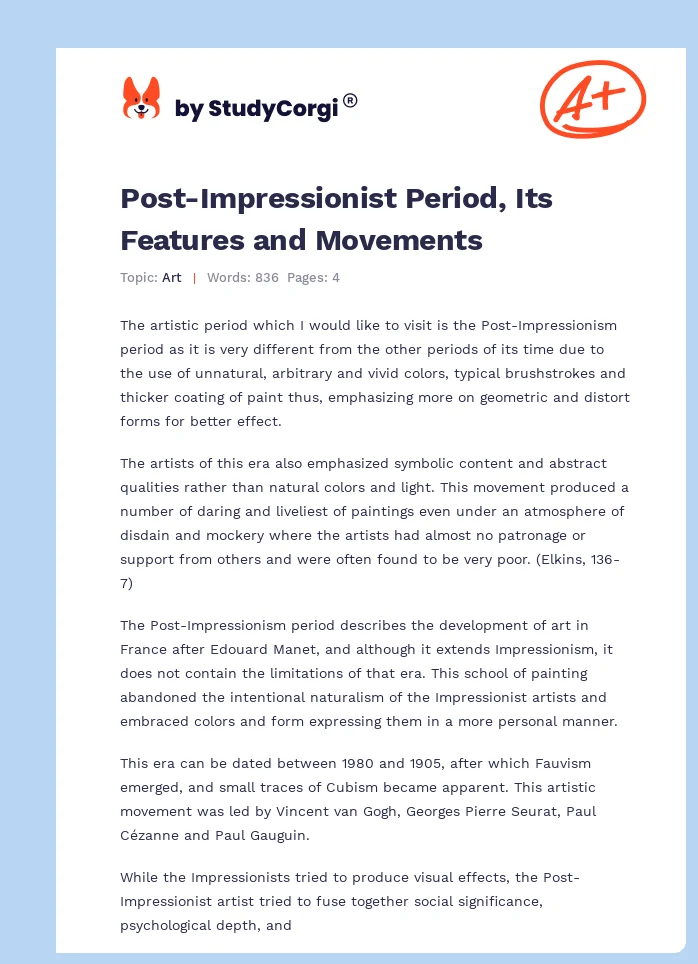 Post-Impressionist Period, Its Features and Movements. Page 1