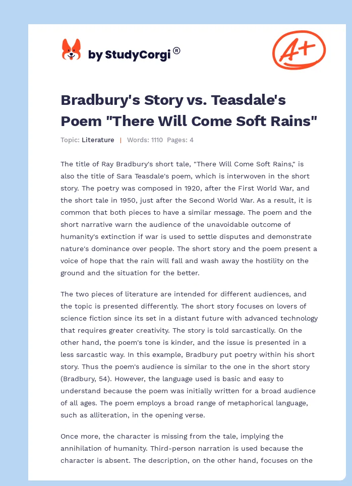 Bradbury's Story vs. Teasdale's Poem "There Will Come Soft Rains". Page 1