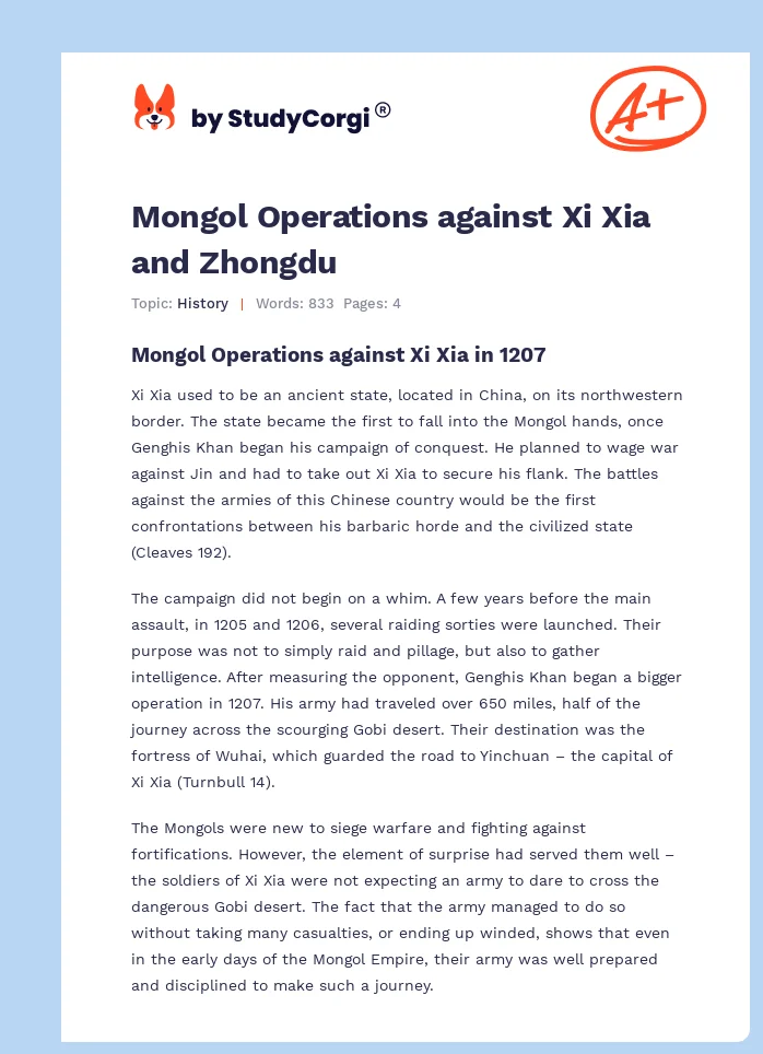 Mongol Operations against Xi Xia and Zhongdu. Page 1