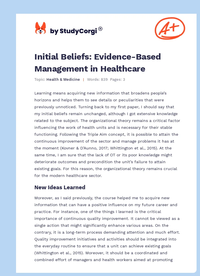 Initial Beliefs: Evidence-Based Management in Healthcare. Page 1