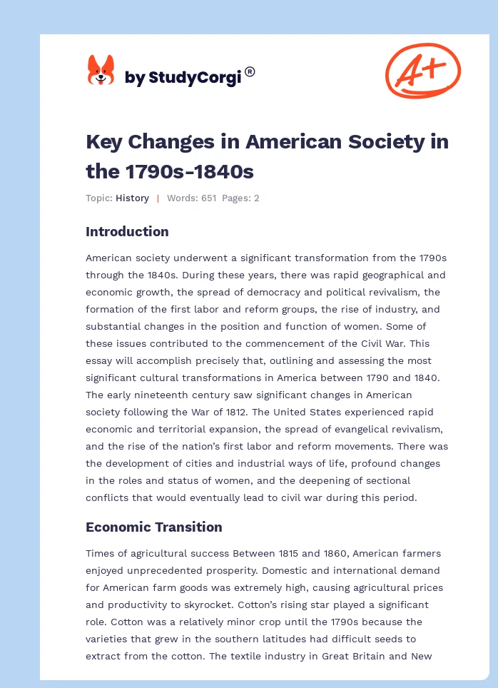 Key Changes in American Society in the 1790s-1840s. Page 1