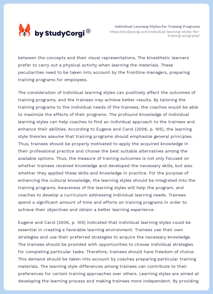 Individual Learning Styles for Training Programs. Page 2