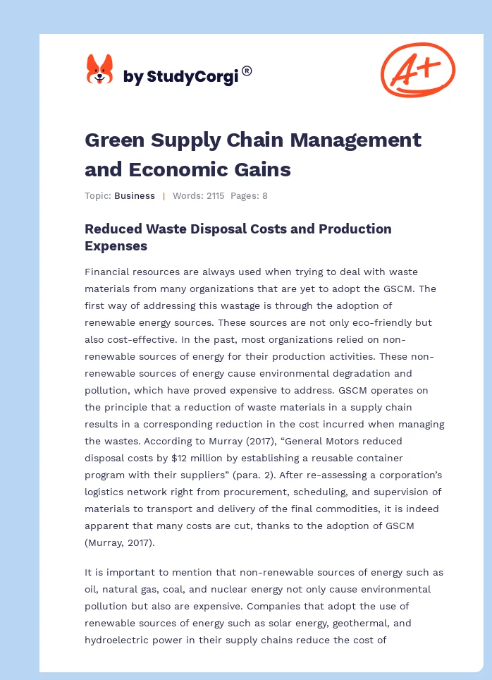 Green Supply Chain Management and Economic Gains. Page 1