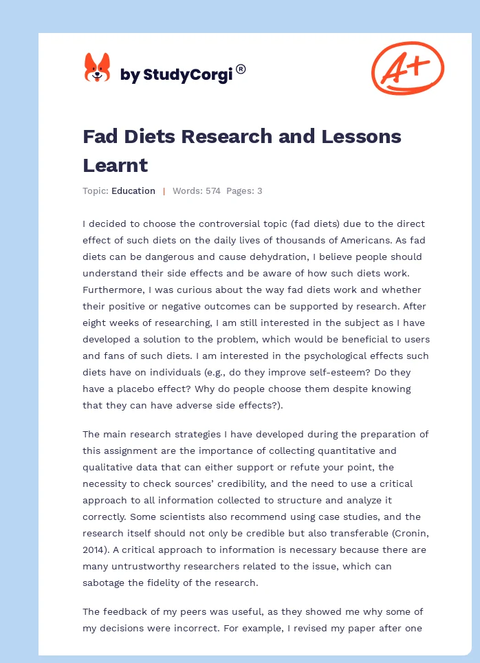 Fad Diets Research and Lessons Learnt. Page 1