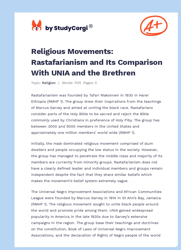 Religious Movements: Rastafarianism and Its Comparison With UNIA and the Brethren. Page 1