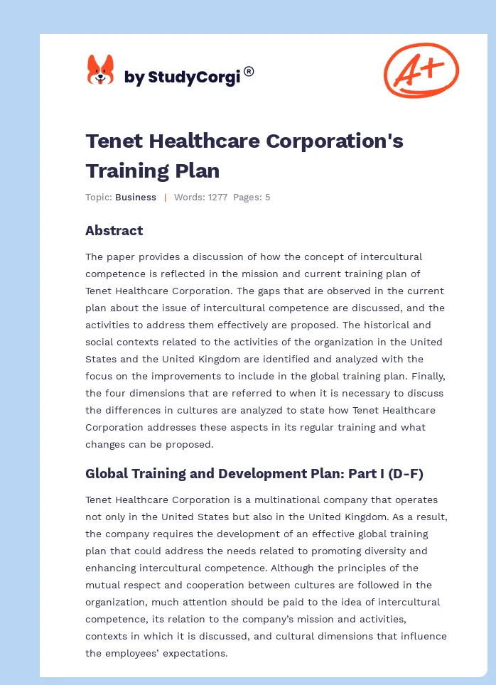 Tenet Healthcare Corporation's Training Plan. Page 1