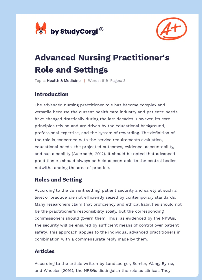Advanced Nursing Practitioner's Role and Settings. Page 1