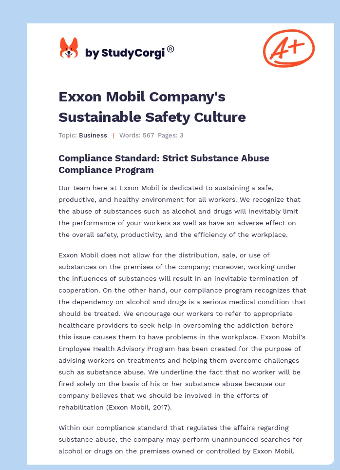 Exxon Mobil Company's Sustainable Safety Culture. Page 1
