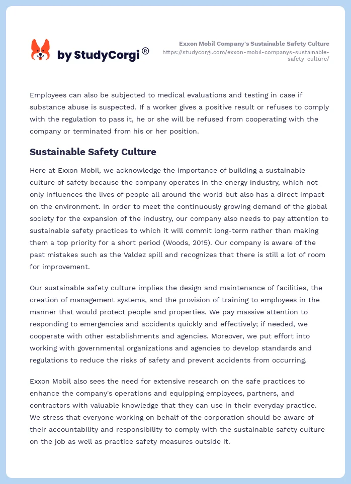 Exxon Mobil Company's Sustainable Safety Culture. Page 2