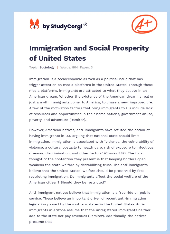 Immigration and Social Prosperity of United States. Page 1