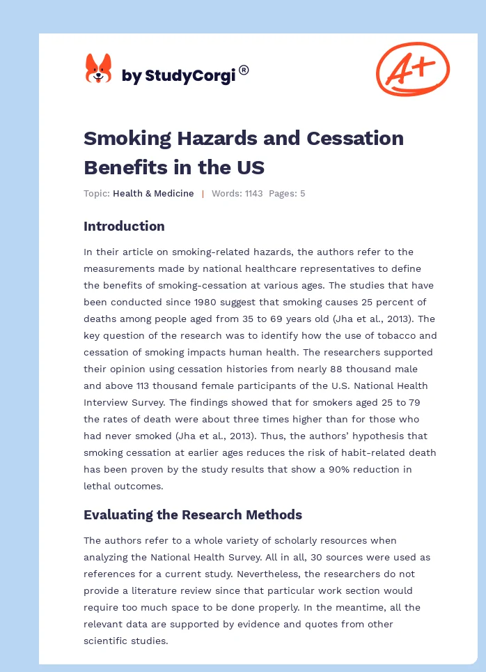 Smoking Hazards and Cessation Benefits in the US. Page 1